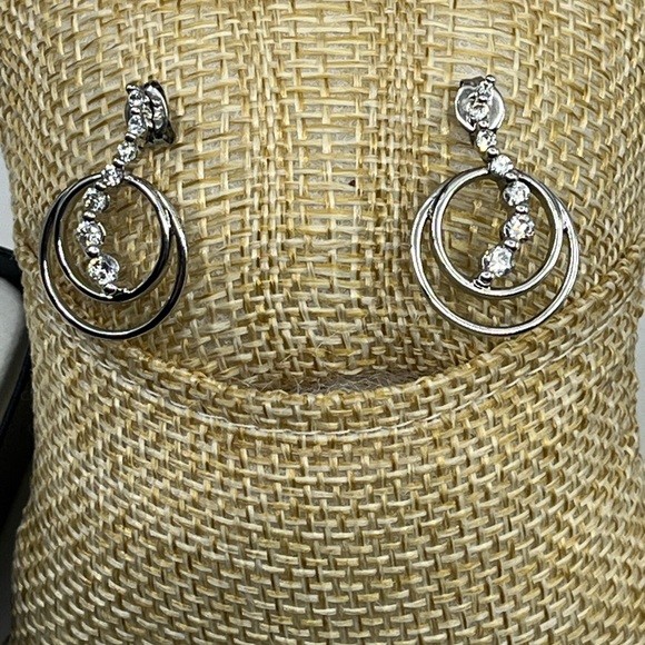 Vintage Sterling Silver Double Hoop Earrings with CZ Accents, Rhodium Plated - Picture 8 of 15